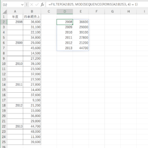 Excelでn行おきにデータを抽出する計算式。範囲とステップ数を指定すれば使える。